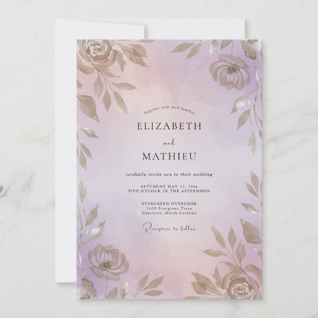 Periwinkle Warm Gold Leaf Wedding Invitation (Front)