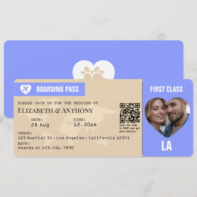Periwinkle & Warm Sand Boarding Pass Wedding Invitation (Front/Back)