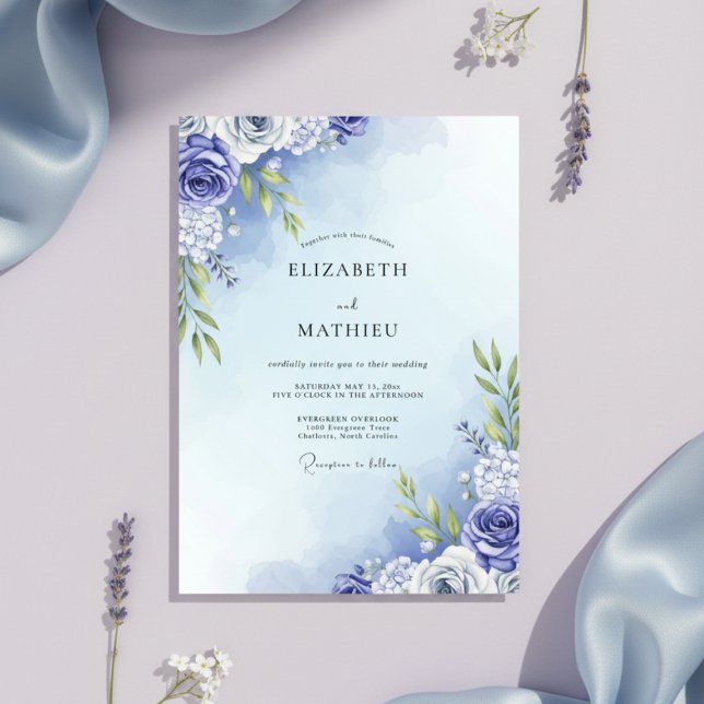Periwinkle Watercolor Floral Wedding Invitation (Creator Uploaded)