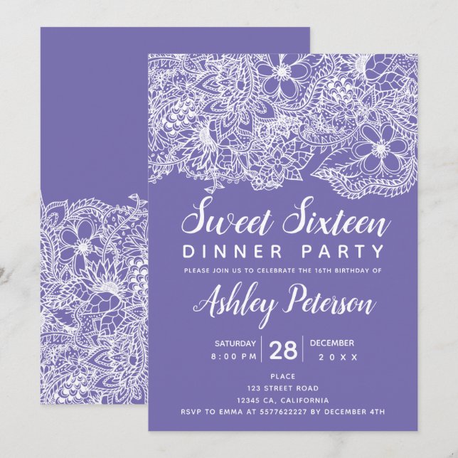 Periwinkle white floral typography Sweet 16 Invitation (Front/Back)