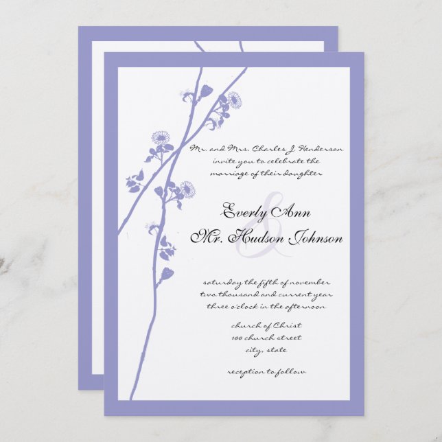Periwinkle Wildflower Blooming Branch Wedding Invitation (Front/Back)