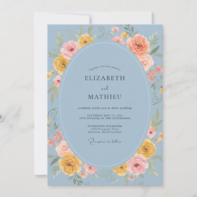 Periwinkle Yellow Ranunculus Grey Eucalyptus Weddi Invitation (Front)