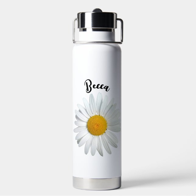 Perky White Daisy Flower Personalised Water Bottle (Back)