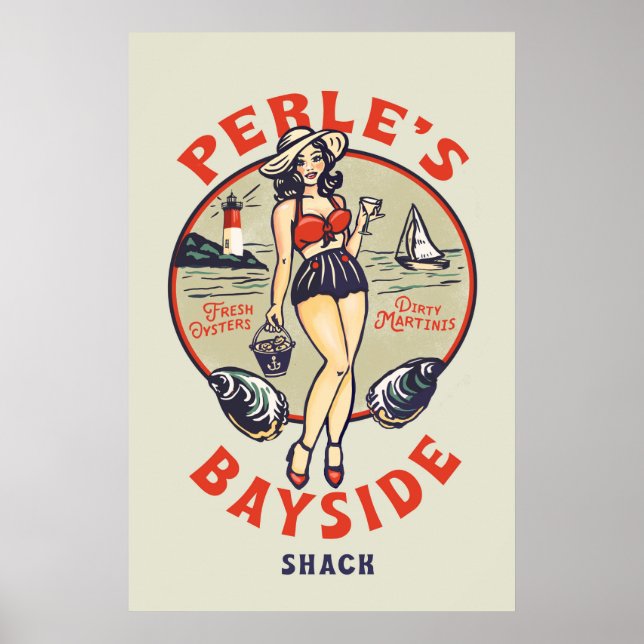 "Perle's Bayside Oyster Shack" Cute, Retro Seaside Poster (Front)