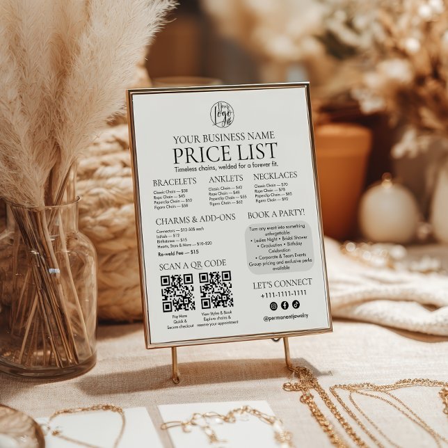 Permanent Jewellery Display Price List QR code Men Poster (Permanent Jewelry Display Price List QR code Menu Poster)