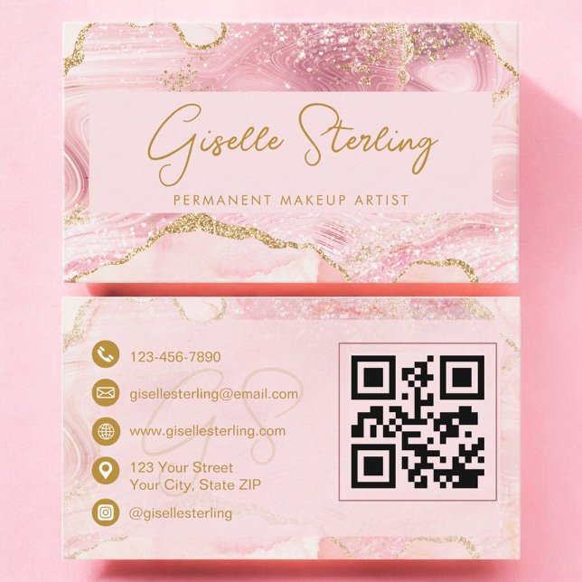 Permanent Makeup Artist Blush Pink Agate QR Code Business Card (Creator Uploaded)