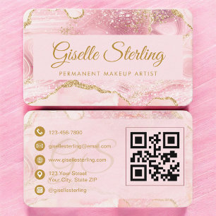 Permanent Makeup Artist Pink Gold Agate QR Code Business Card