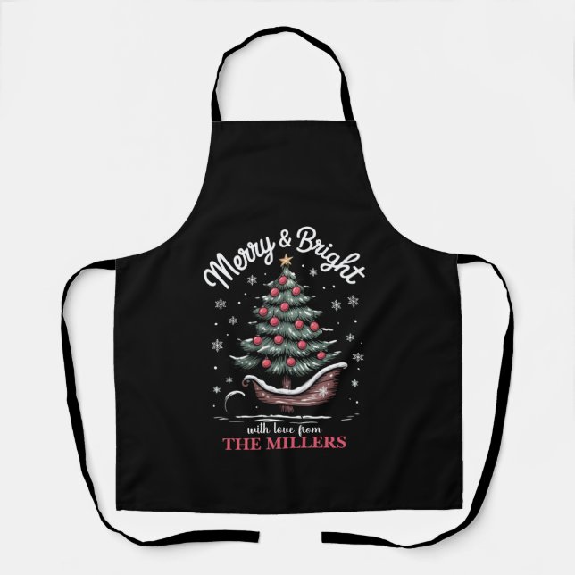 Peronalized Christmas Sleigh Tree Merry & Bright  Apron (Front)