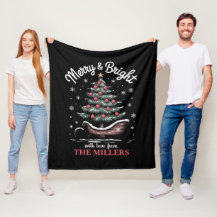 Peronalized Christmas Sleigh Tree Merry & Bright Fleece Blanket