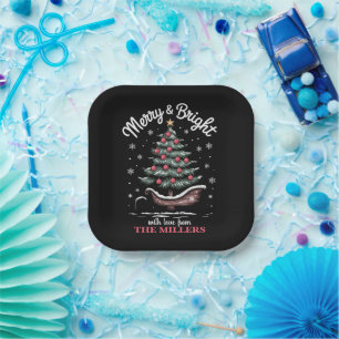 Peronalized Christmas Sleigh Tree Merry & Bright Paper Plate