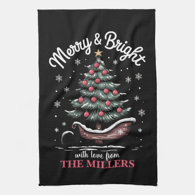 Peronalized Christmas Sleigh Tree Merry & Bright  Tea Towel (Vertical)