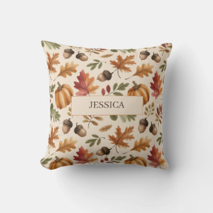 Peronalized Fall Earthy Orange Watercolor Leaves Cushion