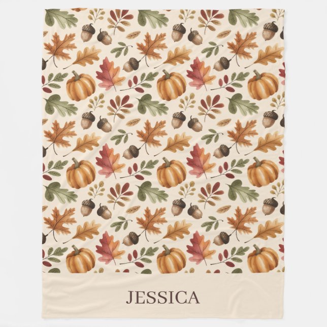 Peronalized Fall Earthy Orange Watercolor Leaves Fleece Blanket (Front)