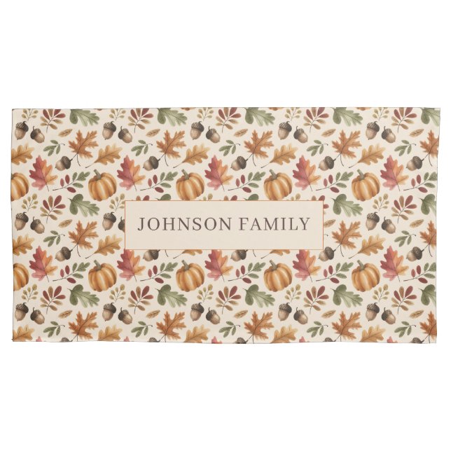 Peronalized Fall Earthy Orange Watercolor Leaves Pillowcase (Front-Left)