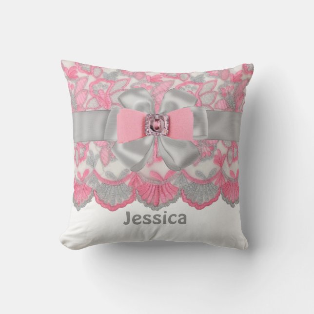 Peronalized Pink,Grey Rhinestones,Bow Pillow Set (Front)