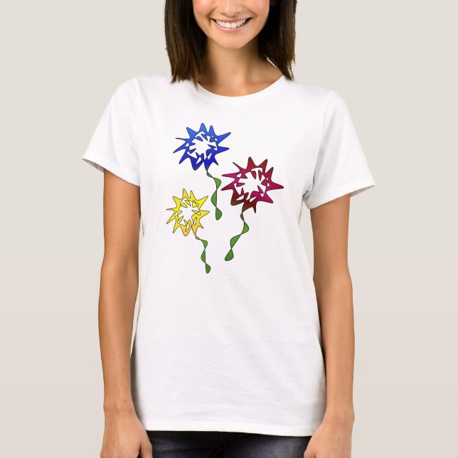 Perpetual Bloom Flower Art in Blue, Red, Yellow T-Shirt (Front)