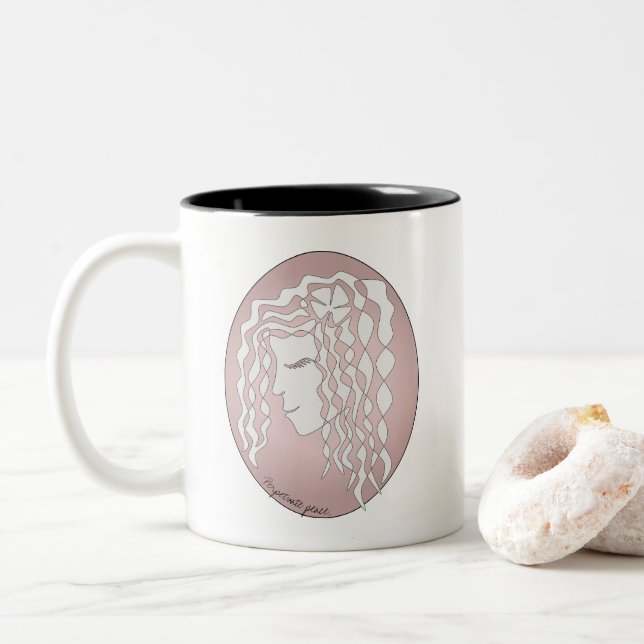 Perpetual Peaceful Woman Pink Black Line Art Mug (With Donut)