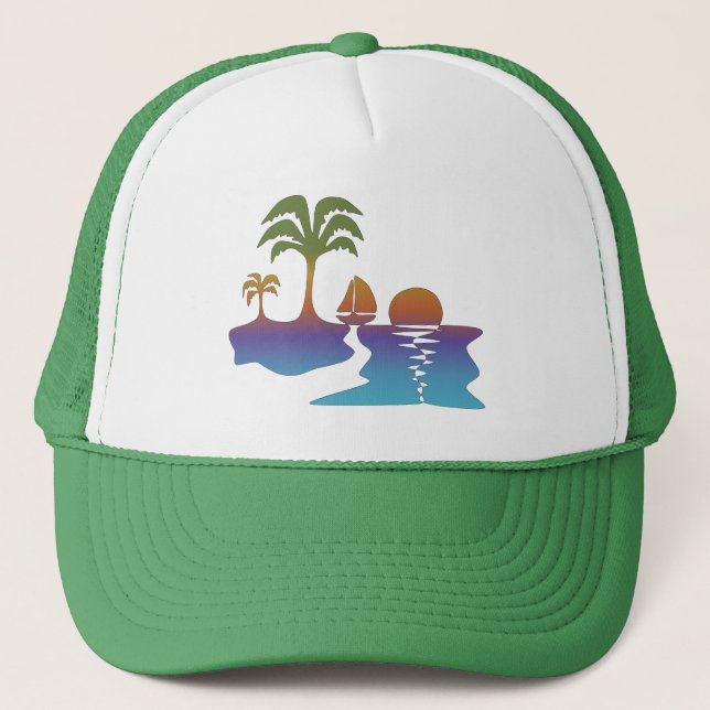 Perpetual Tropical Sunset Sail Boat Trucker Hat (Front)