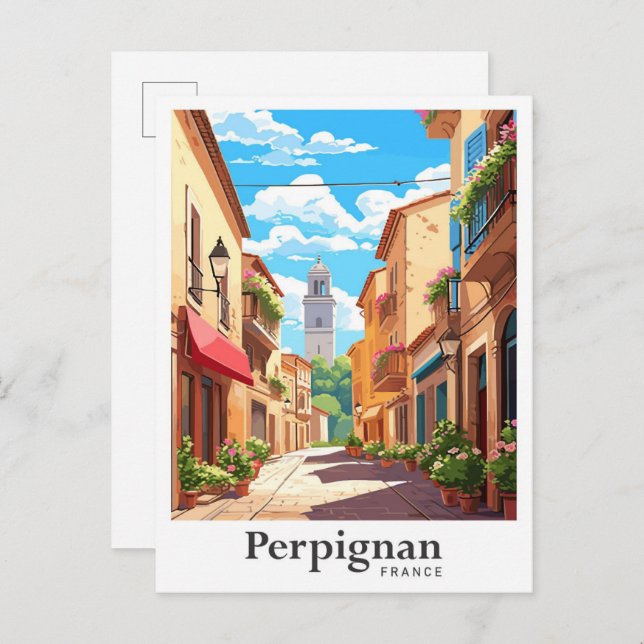 Perpignan France Art Vintage Travel Illustration Postcard (Front/Back)