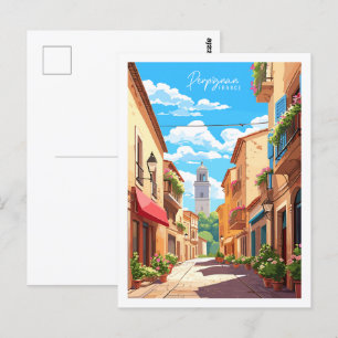 Perpignan France vintage travel place illustration Postcard