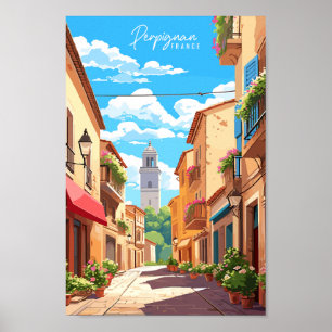Perpignan France vintage travel place illustration Poster