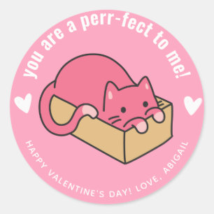 Perr-fect to me! Cute Cat Classroom Valentine  Classic Round Sticker