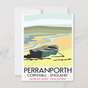 Perranporth Cornwall Seaside travel poster. Card
