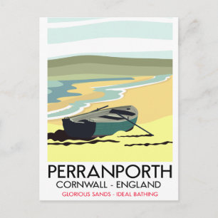 Perranporth Cornwall Seaside travel poster. Postcard