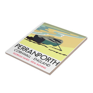 Perranporth Cornwall Seaside travel poster. Tile
