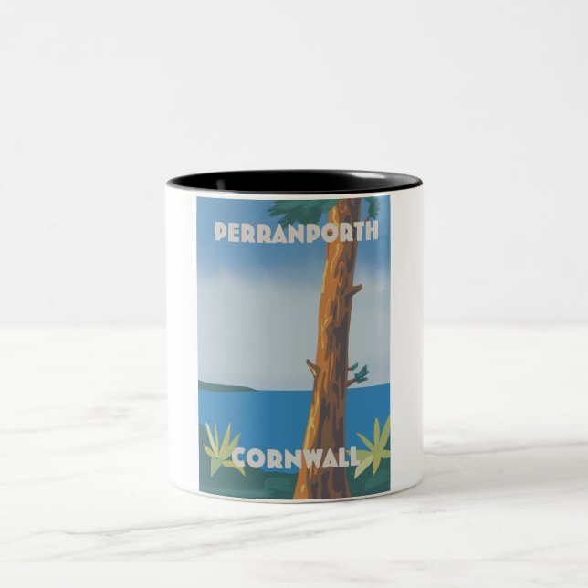 Perranporth Cornwall travel poster Two-Tone Coffee Mug (Center)