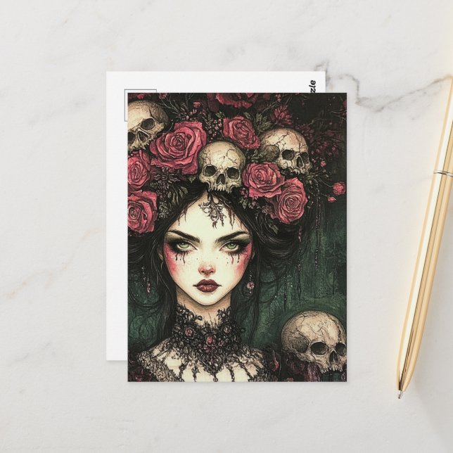 Persephone Pink Roses and Skulls Postcard (Front/Back In Situ)