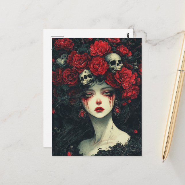 Persephone Red Flowers and Skulls Postcard (Front/Back In Situ)