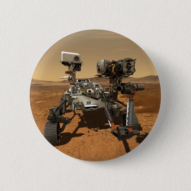 Perseverance Rover Operating On Surface Of Mars. 6 Cm Round Badge (Front)