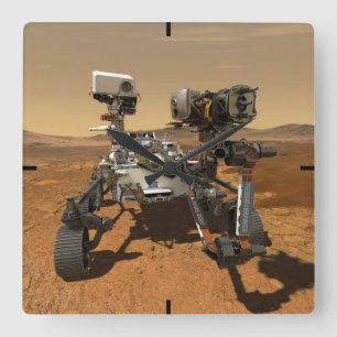 Perseverance Rover Operating On Surface Of Mars. Square Wall Clock