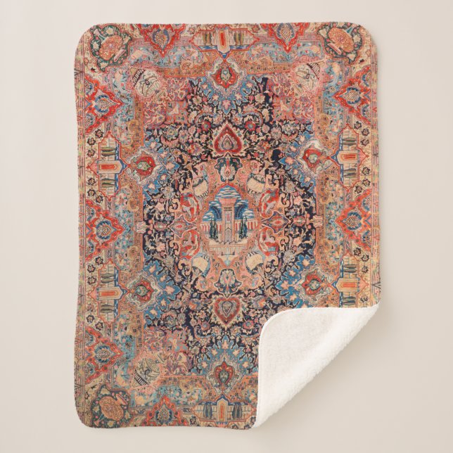 Persia Carpet Black Blue Red  Sherpa Blanket (Front)