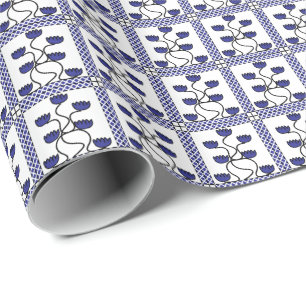 Persian Asian Blue Floral Geometric Pattern Wrapping Paper