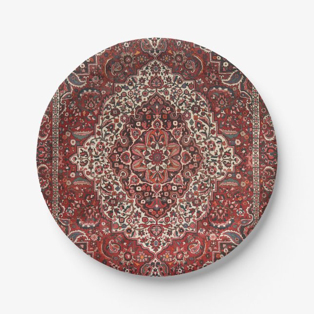 Persian Bakhtiari Deep Dark Red Tan  Paper Plate (Front)