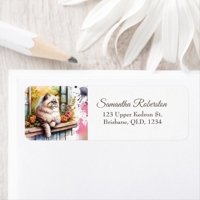 Persian Beige Grey Cat on Window Summer Floral  (Insitu)