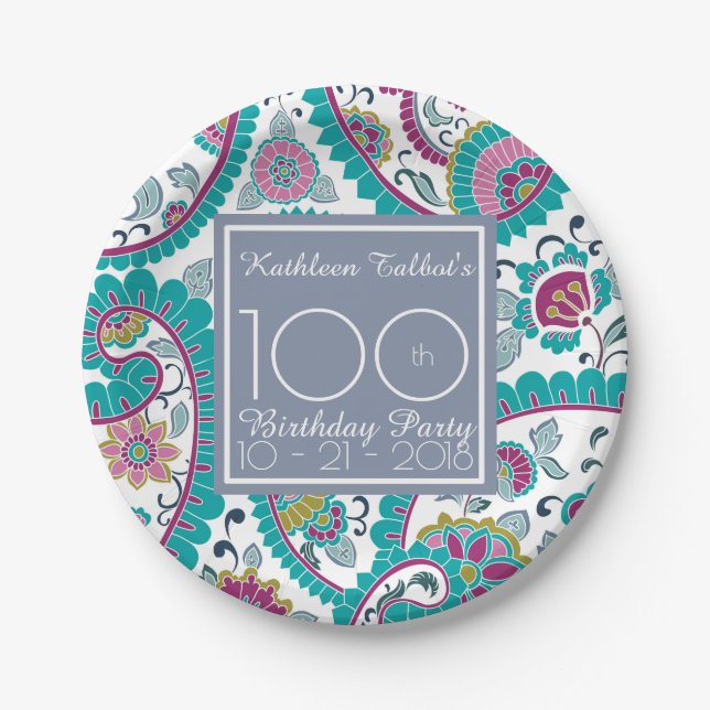 Persian Boteh Paisley 100th Birthday Party Paper P Paper Plate (Front)