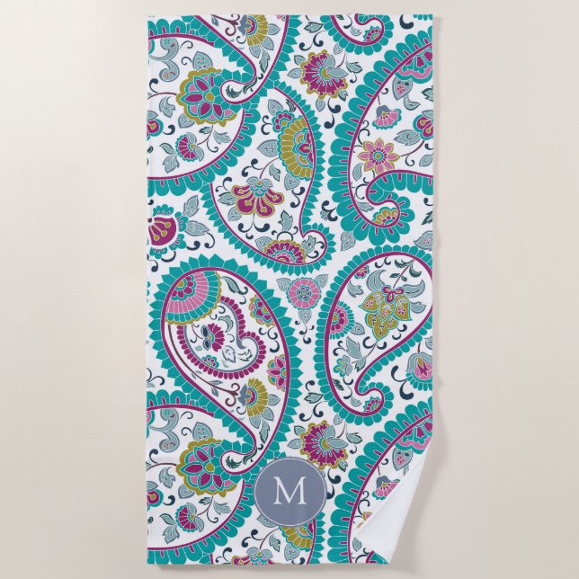 Persian Boteh Paisley Pattern Monogram Beach Towel (Front)