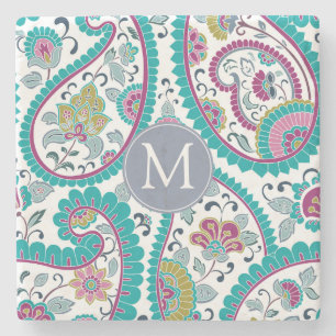 Persian Boteh Paisley Pattern Monogram Stone C Coaster