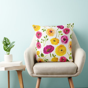 Persian Buttercups Watercolor Floral Pink&Yellow  Cushion