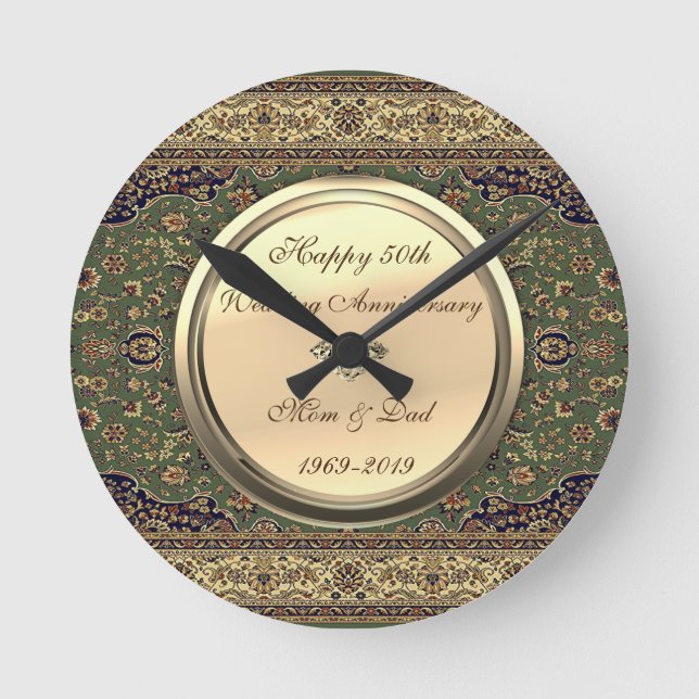 Persian Carpet Diamond 50th Wedding Anniversary Round Clock (Front)