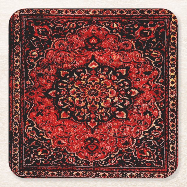 Persian carpet look in rose tinted field square paper coaster (Front)