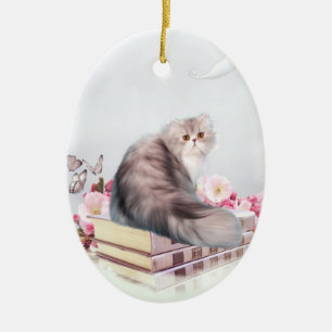 Persian cat and books ceramic tree decoration