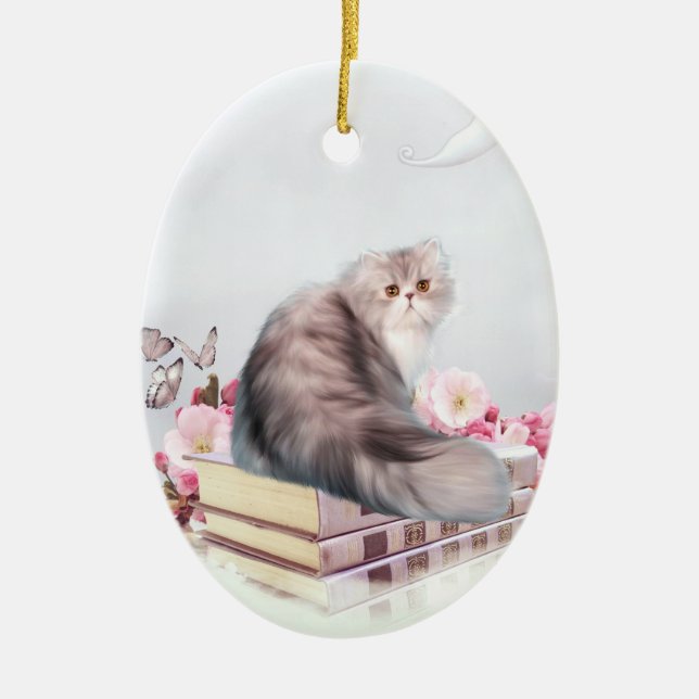 Persian cat and books ceramic tree decoration (Front)