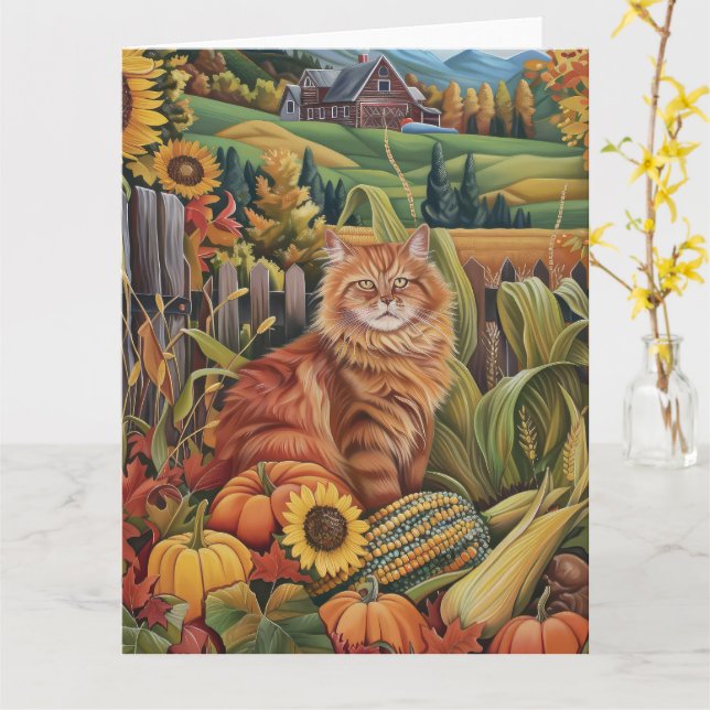 Persian Cat Autumn Harvest Thanksgiving Card (Yellow Flower)