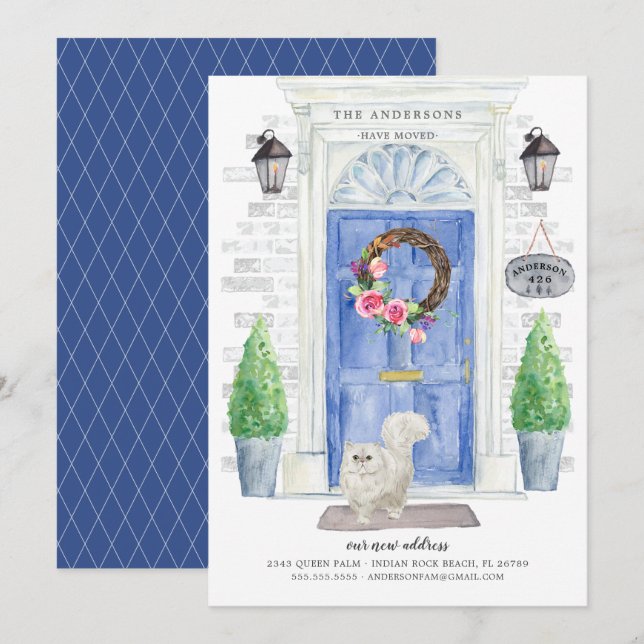 Persian Cat Blue Door Moving Announcement (Front/Back)