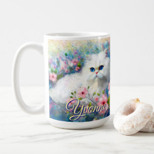 Persian Cat Blue Eyes in Pink Flowers Personalised Coffee Mug