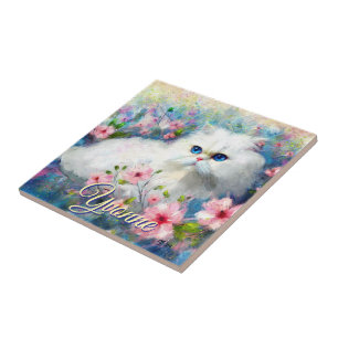 Persian Cat Blue Eyes in Pink Flowers Personalised Tile